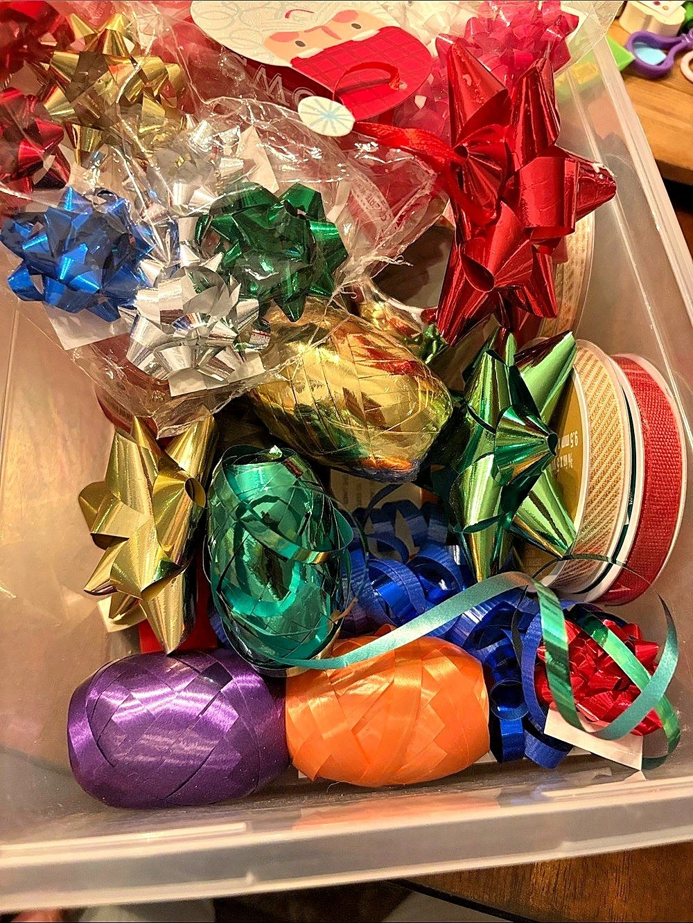 Assorted Gift Bows & Curling Ribbon Party Decorations, with plastic bins